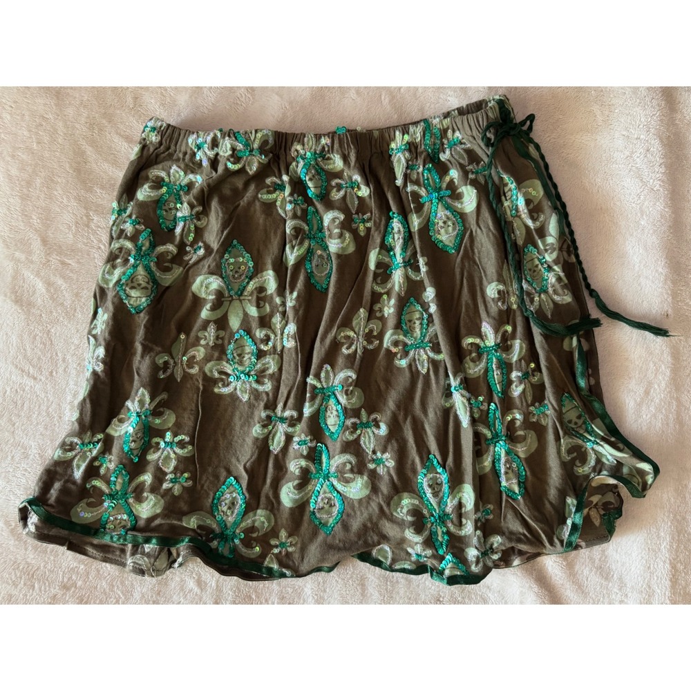 Vintage Y2K Letarte Maui Hawaii Mint Skull Sequin Pull On Skirt Olive Large NWT